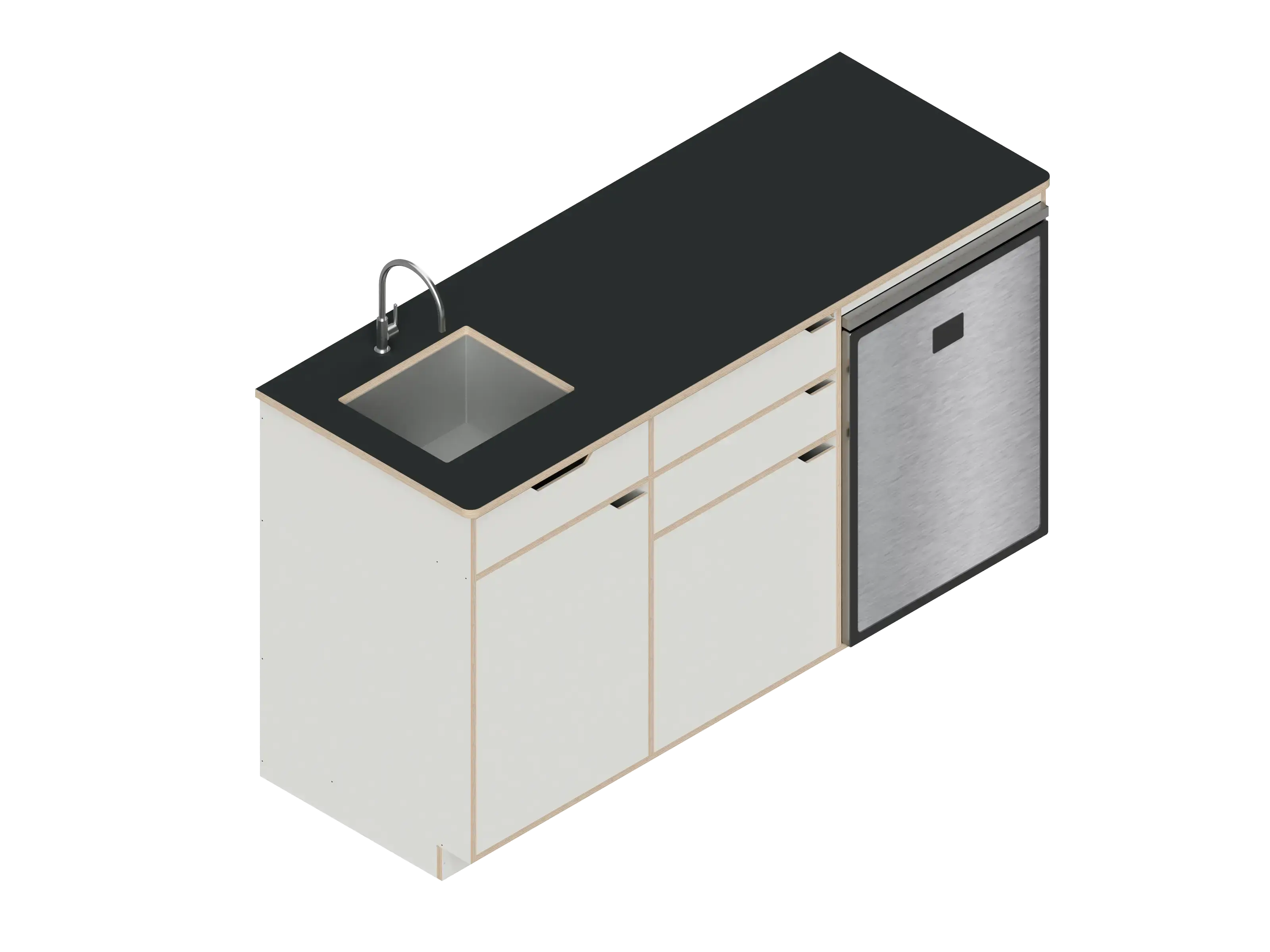Isometric line drawing of The Vansmith DIY Three unit Kitchen Galley (CR130) base, featuring two pull-out drawers, a single-door section, an open storage area, and a countertop sink cutout.