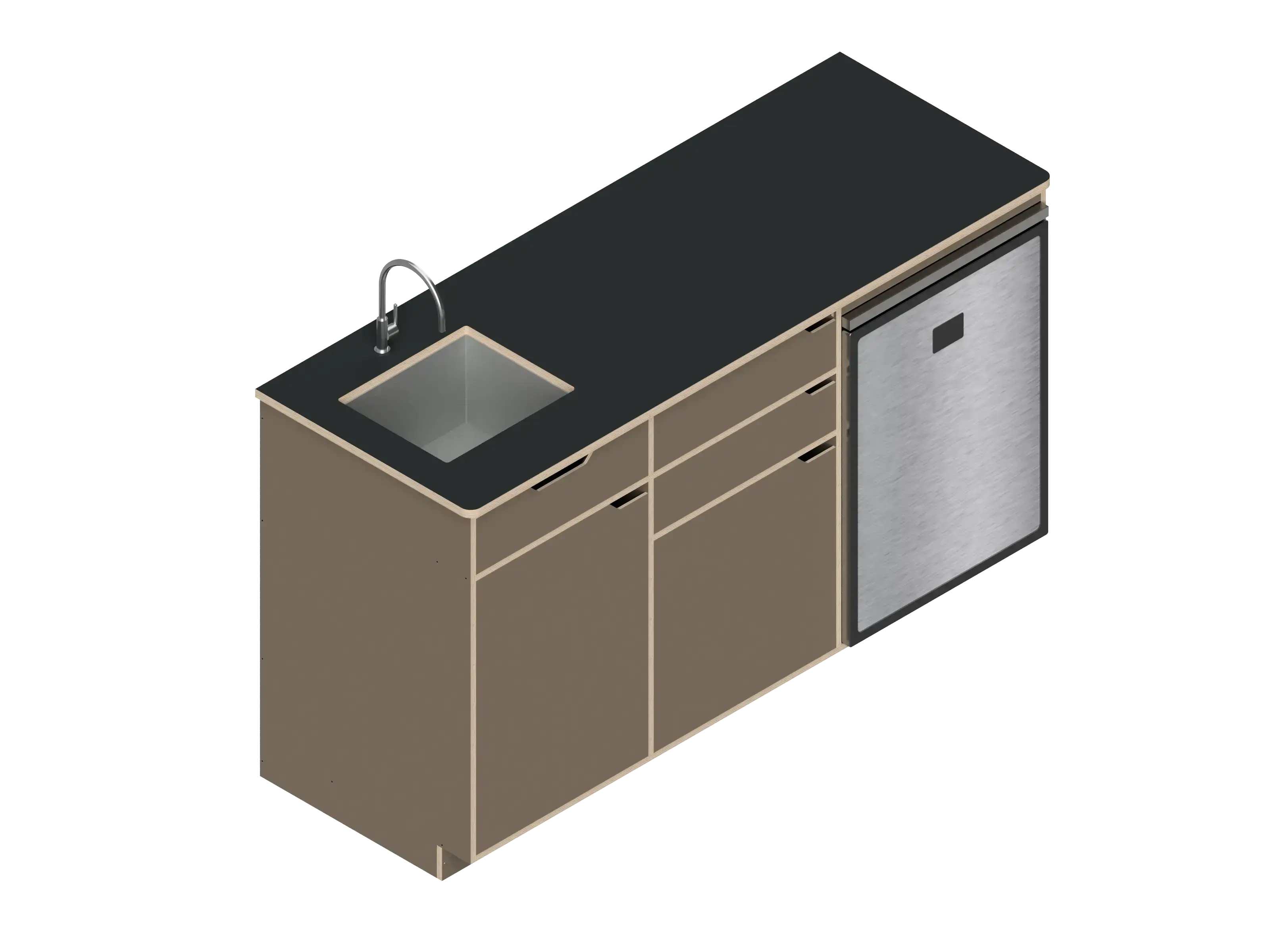 Isometric line drawing of The Vansmith DIY Three unit Kitchen Galley (CR130) base, featuring two pull-out drawers, a single-door section, an open storage area, and a countertop sink cutout.