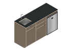 Isometric line drawing of The Vansmith DIY Three unit Kitchen Galley (CR130) base, featuring two pull-out drawers, a single-door section, an open storage area, and a countertop sink cutout.