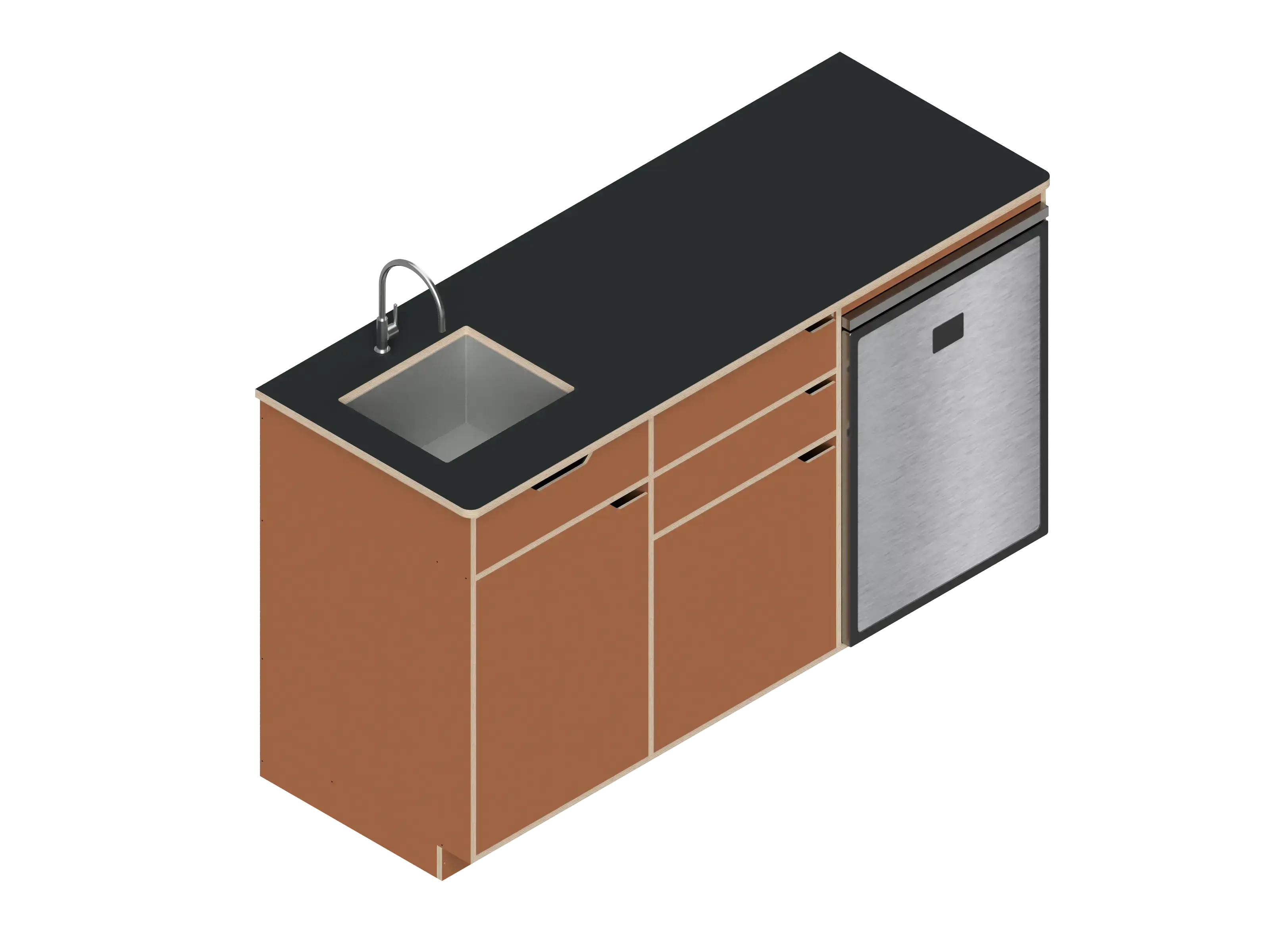 Isometric line drawing of The Vansmith DIY Three unit Kitchen Galley (CR130) base, featuring two pull-out drawers, a single-door section, an open storage area, and a countertop sink cutout.