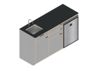 Isometric line drawing of The Vansmith DIY Three unit Kitchen Galley (CR130) base, featuring two pull-out drawers, a single-door section, an open storage area, and a countertop sink cutout.