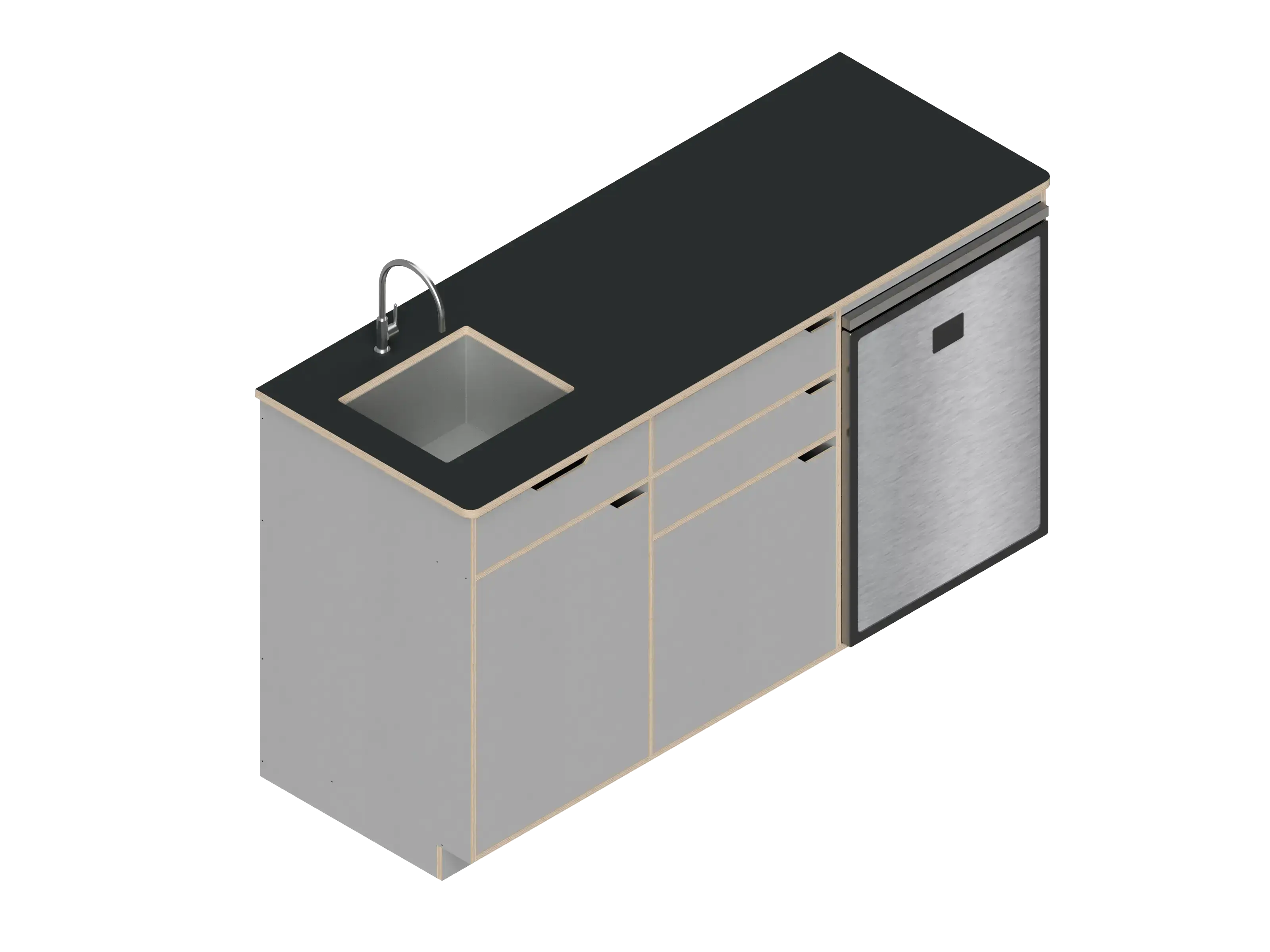 Isometric line drawing of The Vansmith DIY Three unit Kitchen Galley (CR130) base, featuring two pull-out drawers, a single-door section, an open storage area, and a countertop sink cutout.
