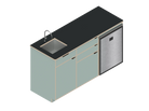 Isometric line drawing of The Vansmith DIY Three unit Kitchen Galley (CR130) base, featuring two pull-out drawers, a single-door section, an open storage area, and a countertop sink cutout.