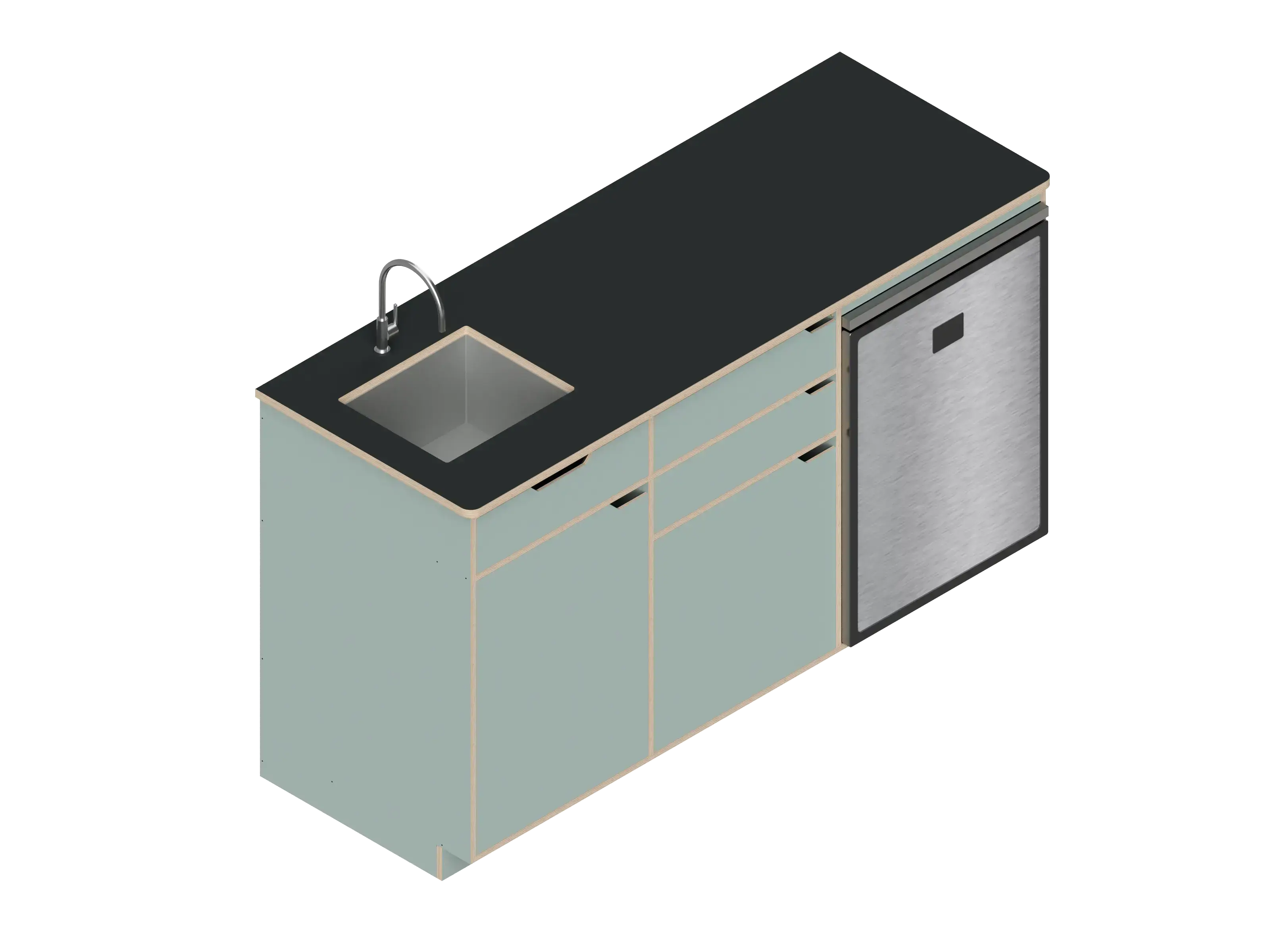 Isometric line drawing of The Vansmith DIY Three unit Kitchen Galley (CR130) base, featuring two pull-out drawers, a single-door section, an open storage area, and a countertop sink cutout.