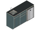 Isometric line drawing of The Vansmith DIY Three unit Kitchen Galley (CR130) base, featuring two pull-out drawers, a single-door section, an open storage area, and a countertop sink cutout.