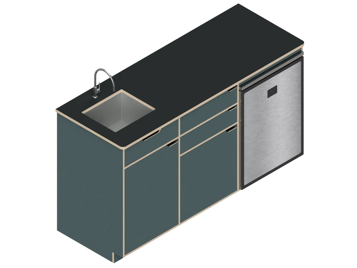 Isometric line drawing of The Vansmith DIY Three unit Kitchen Galley (CR130) base, featuring two pull-out drawers, a single-door section, an open storage area, and a countertop sink cutout.