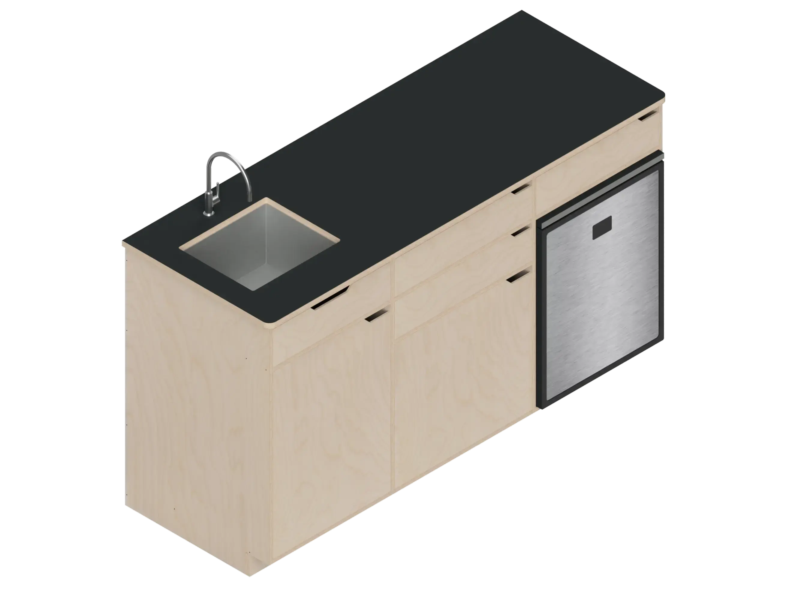 Isometric line drawing of The Vansmith DIY Three unit Kitchen Galley (CR85) base cabinet, featuring three compartments, two drawers, and open spaces for appliances or storage‚Äîshown without countertops or cabinet doors.