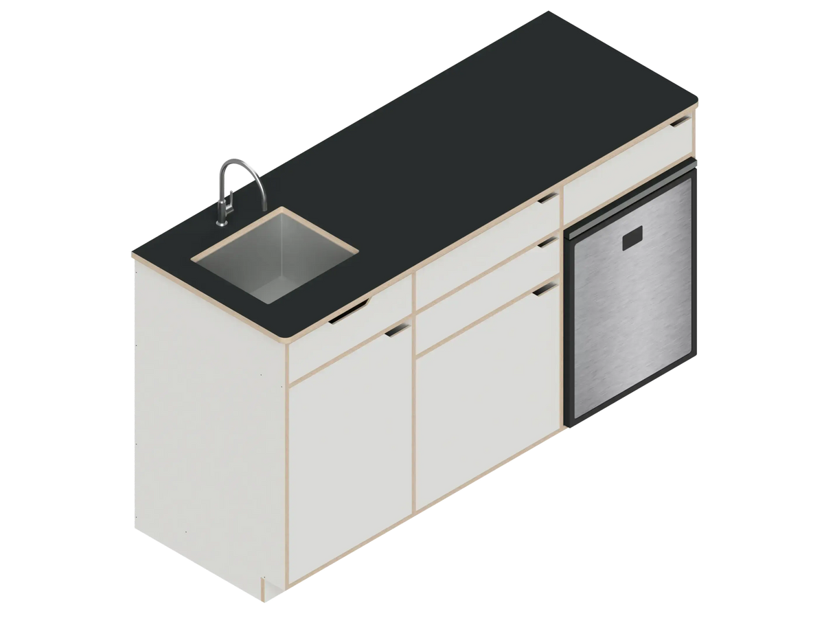 Isometric line drawing of The Vansmith DIY Three unit Kitchen Galley (CR85) base cabinet, featuring three compartments, two drawers, and open spaces for appliances or storage‚Äîshown without countertops or cabinet doors.