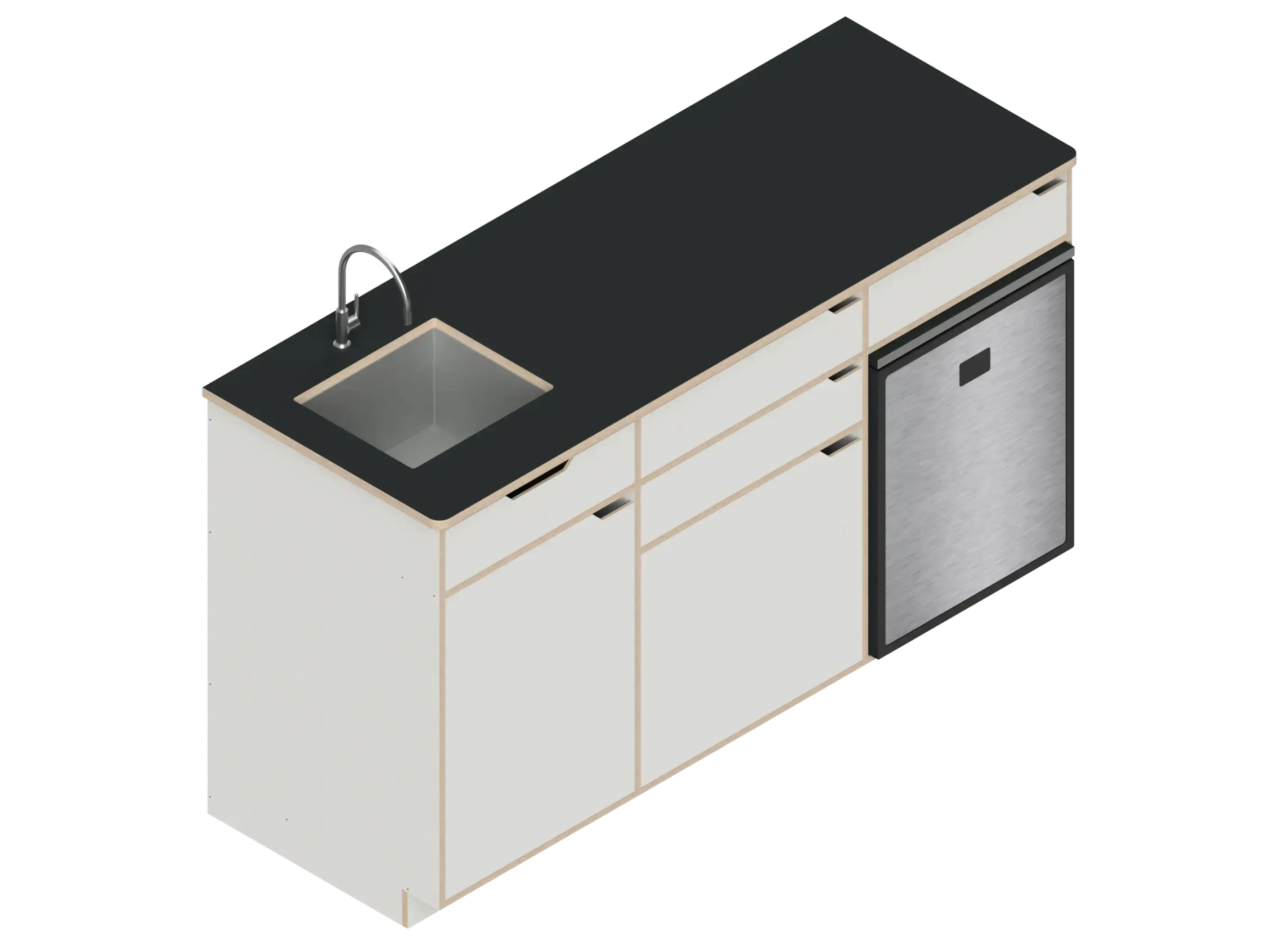 Isometric line drawing of The Vansmith DIY Three unit Kitchen Galley (CR85) base cabinet, featuring three compartments, two drawers, and open spaces for appliances or storage‚Äîshown without countertops or cabinet doors.