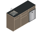 Isometric line drawing of The Vansmith DIY Three unit Kitchen Galley (CR85) base cabinet, featuring three compartments, two drawers, and open spaces for appliances or storage‚Äîshown without countertops or cabinet doors.