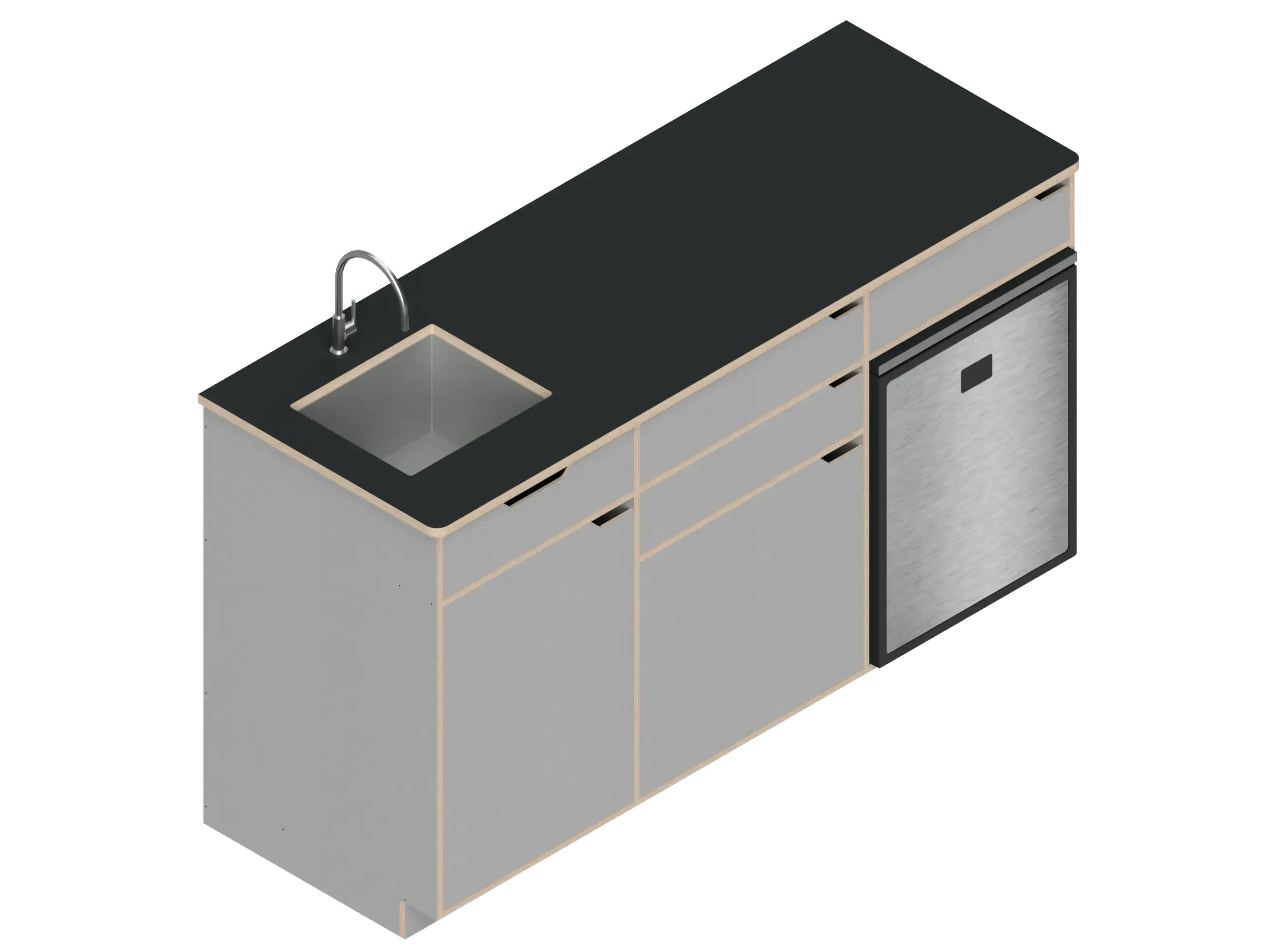 Isometric line drawing of The Vansmith DIY Three unit Kitchen Galley (CR85) base cabinet, featuring three compartments, two drawers, and open spaces for appliances or storage‚Äîshown without countertops or cabinet doors.