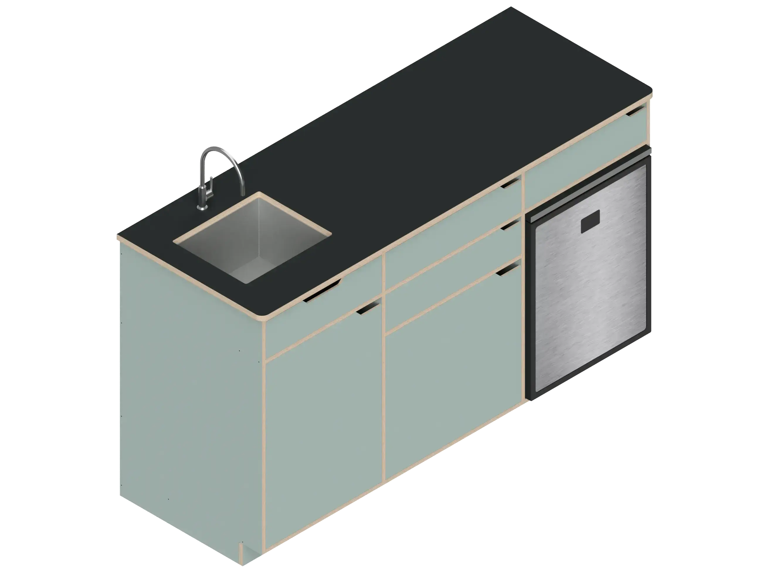 Isometric line drawing of The Vansmith DIY Three unit Kitchen Galley (CR85) base cabinet, featuring three compartments, two drawers, and open spaces for appliances or storage‚Äîshown without countertops or cabinet doors.