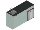 Isometric line drawing of The Vansmith DIY Three unit Kitchen Galley (CR85) base cabinet, featuring three compartments, two drawers, and open spaces for appliances or storage‚Äîshown without countertops or cabinet doors.