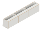Isometric line drawing of The Vansmith DIY Front upper cabinet for Transit 148: a long, rectangular 60 unit with angled side panels, three sections divided by vertical supports, small holes on top edges, designed for soft-close hinges.