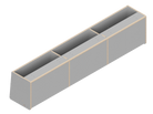 Isometric line drawing of The Vansmith DIY Front upper cabinet for Transit 148: a long, rectangular 60 unit with angled side panels, three sections divided by vertical supports, small holes on top edges, designed for soft-close hinges.