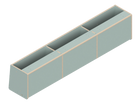 Isometric line drawing of The Vansmith DIY Front upper cabinet for Transit 148: a long, rectangular 60 unit with angled side panels, three sections divided by vertical supports, small holes on top edges, designed for soft-close hinges.