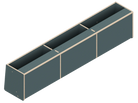 Isometric line drawing of The Vansmith DIY Front upper cabinet for Transit 148: a long, rectangular 60 unit with angled side panels, three sections divided by vertical supports, small holes on top edges, designed for soft-close hinges.