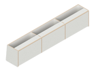 Line drawing of The Vansmith DIY Front upper cabinet for Transit 148E‚Äîrectangular with three compartments, vertical dividers, and angled sides. Made from Baltic Birch Plywood, this open storage unit has no visible doors or covers.