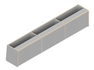 Line drawing of The Vansmith DIY Front upper cabinet for Transit 148E‚Äîrectangular with three compartments, vertical dividers, and angled sides. Made from Baltic Birch Plywood, this open storage unit has no visible doors or covers.