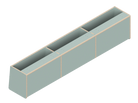 Line drawing of The Vansmith DIY Front upper cabinet for Transit 148E‚Äîrectangular with three compartments, vertical dividers, and angled sides. Made from Baltic Birch Plywood, this open storage unit has no visible doors or covers.