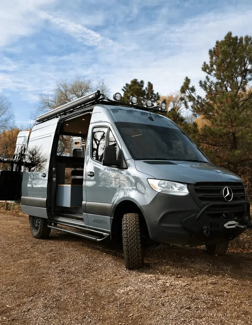 Exterior of Sprinter 144 Van Conversion in Boulder, Colorado with Sliding Door Open - The Vansmith