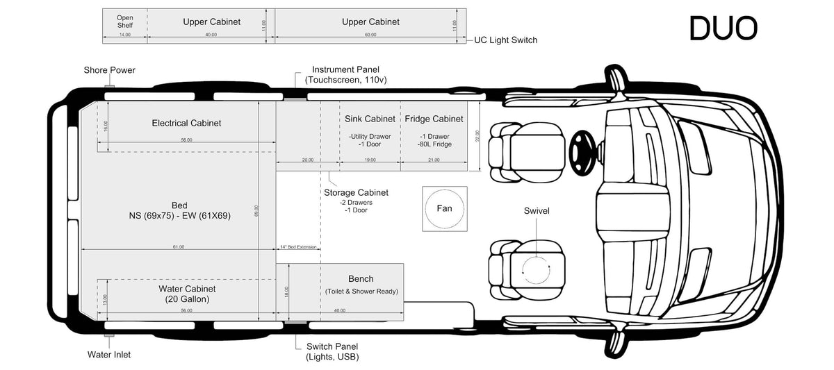 Small camper van floor plan layout diagram