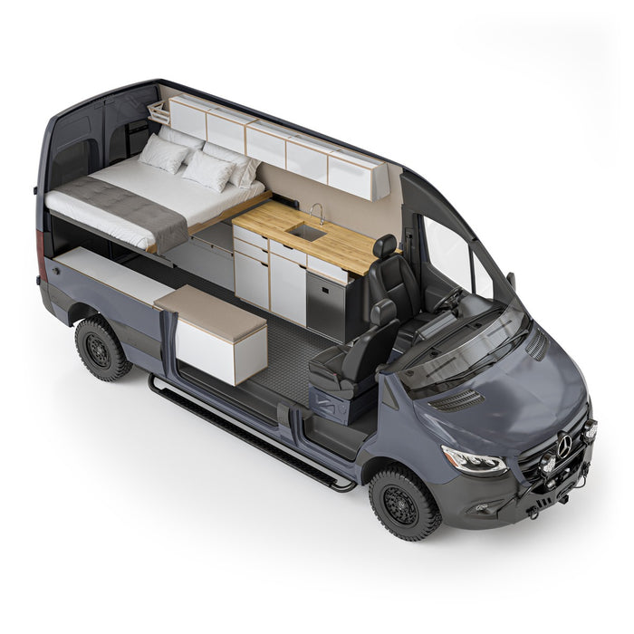 Cutaway view of Sprinter Bivy Deluxe camper van interior with rear bed and kitchen galley - The Vansmith