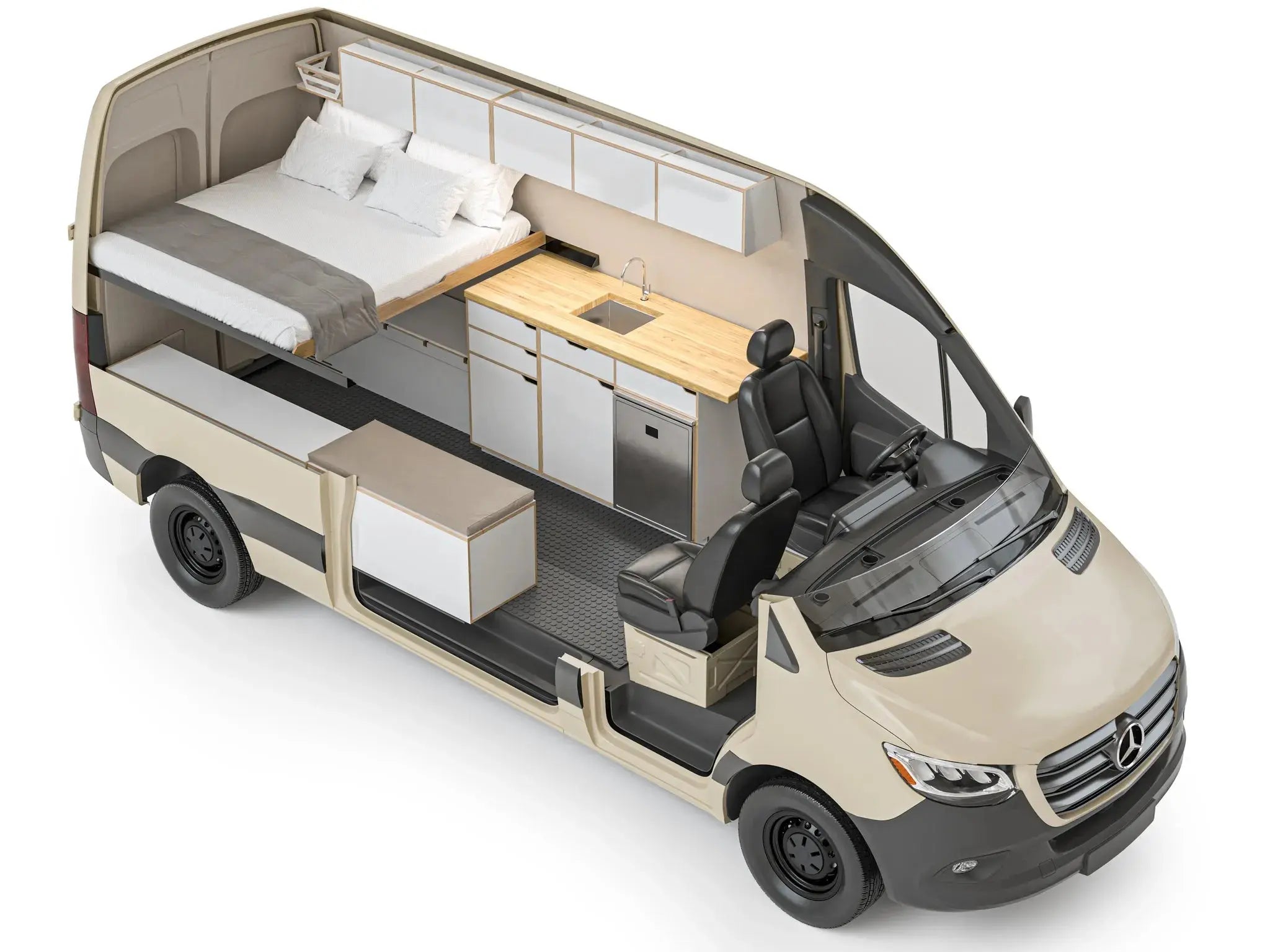 The Vansmith DUO Sprinter van conversion interior cutaway view