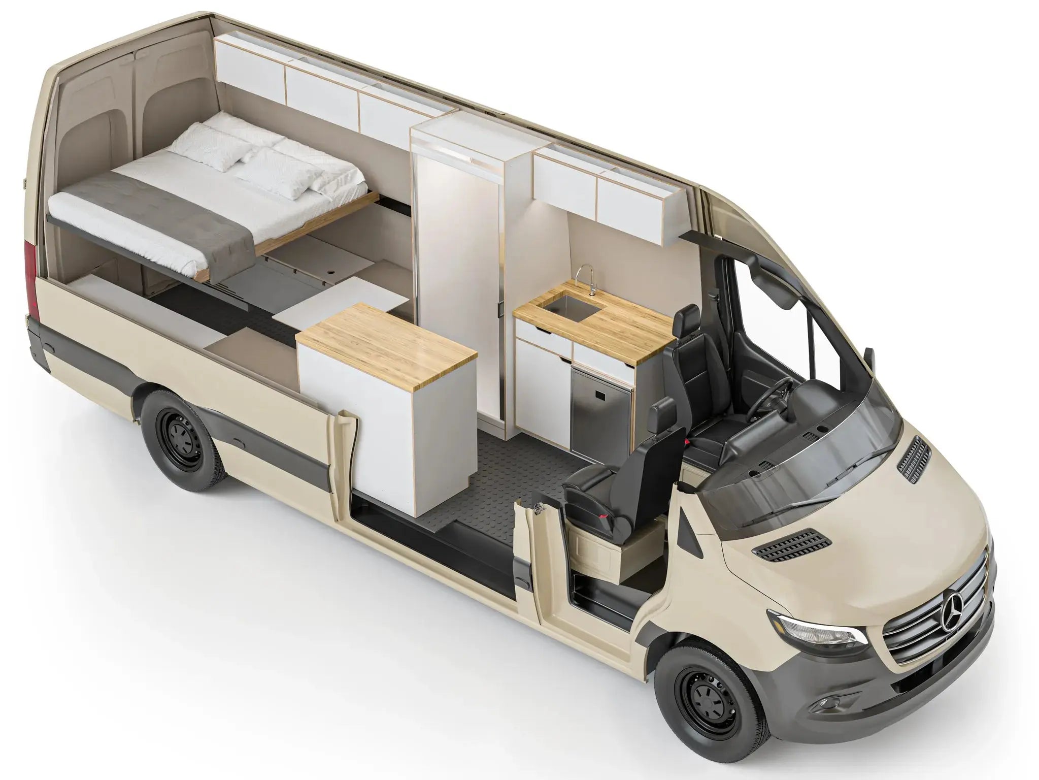 The Vansmith DUO XLS Sprinter van conversion interior cutaway view