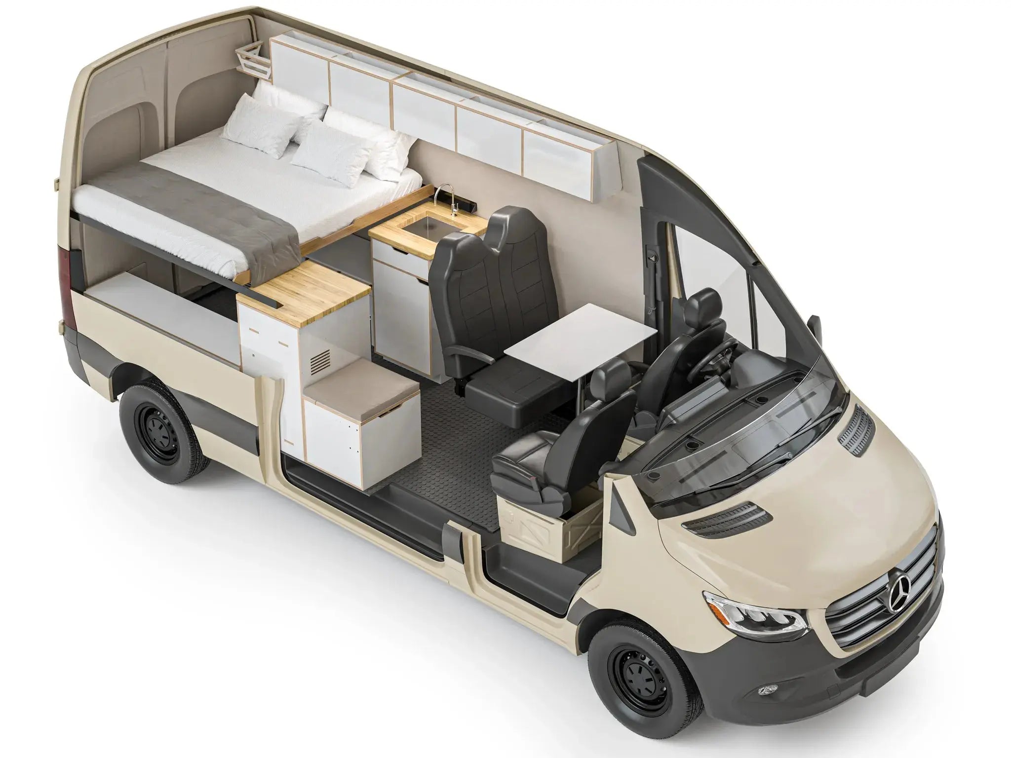 The Vansmith FAMILY Sprinter van conversion interior cutaway view