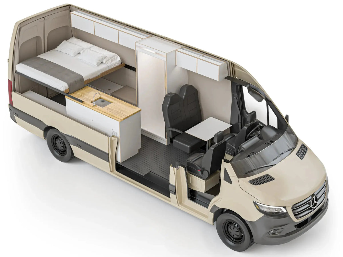 The Vansmith FAMILY XLS Sprinter van conversion interior cutaway view