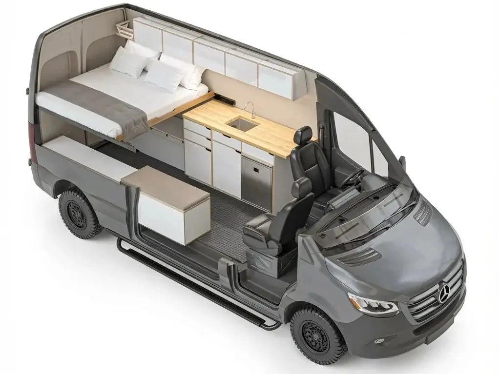 The Vansmith Sprinter Bivy Plus camper van conversion interior cutaway view