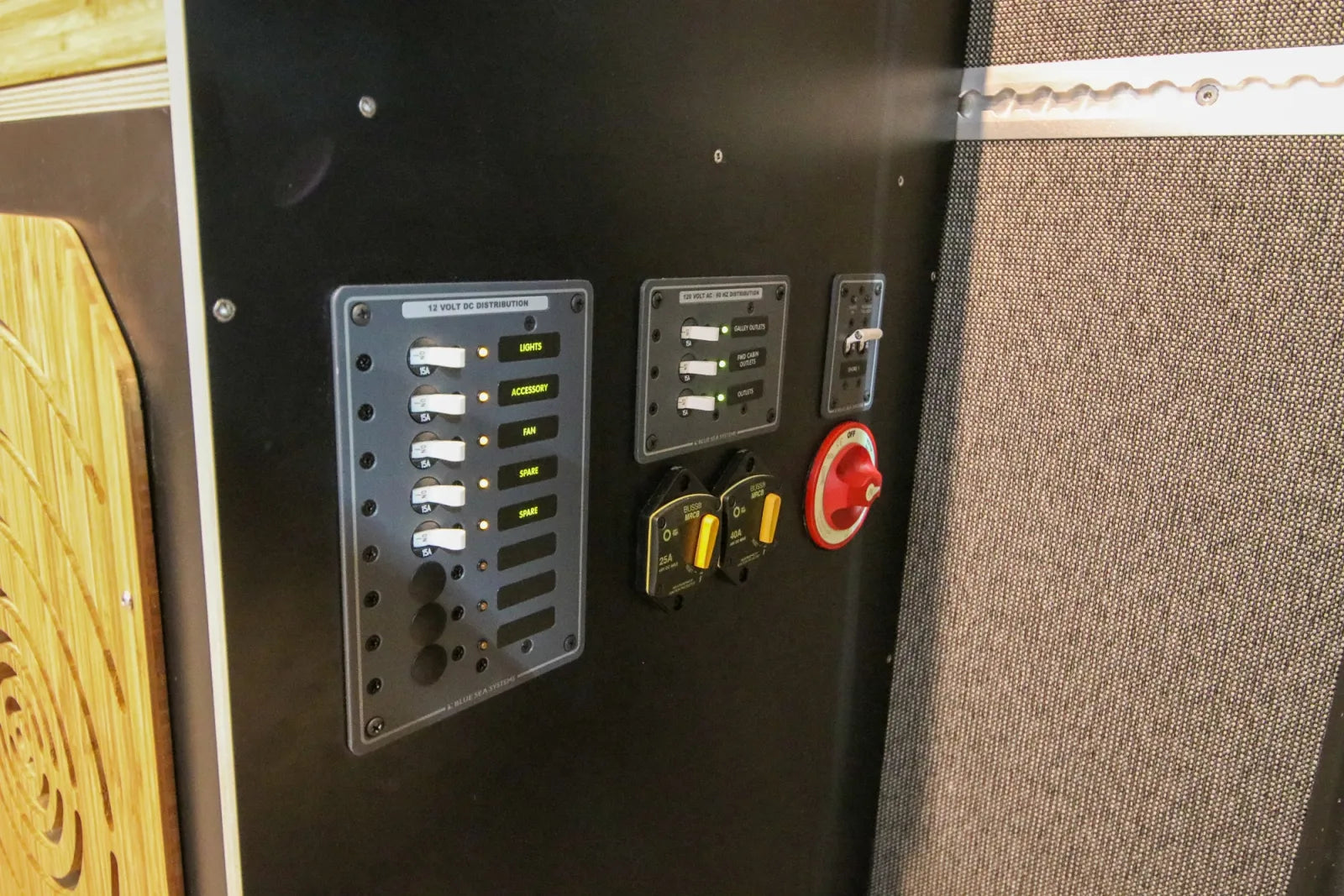 Bamboo countertop and pull-out drawer cabinet in Foundation custom camper van