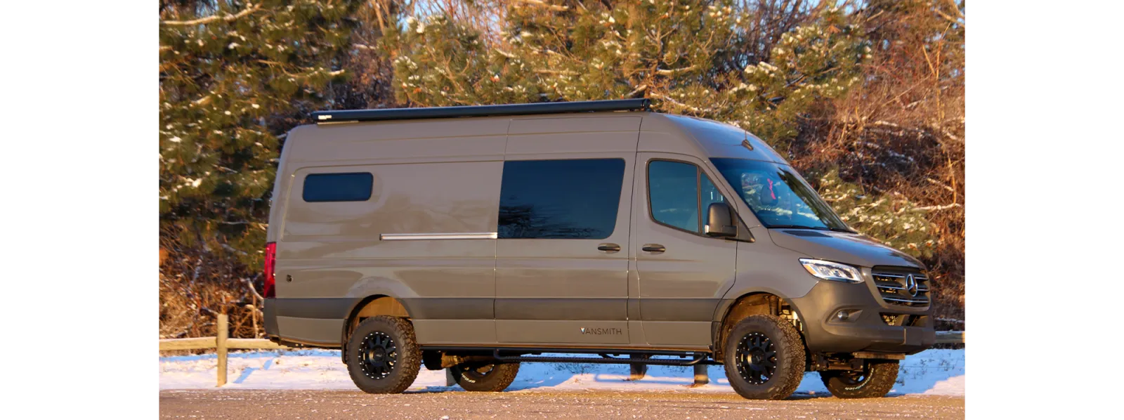 Luna Sprinter 170 van conversion exterior side profile in olive green with black wheels by The Vansmith