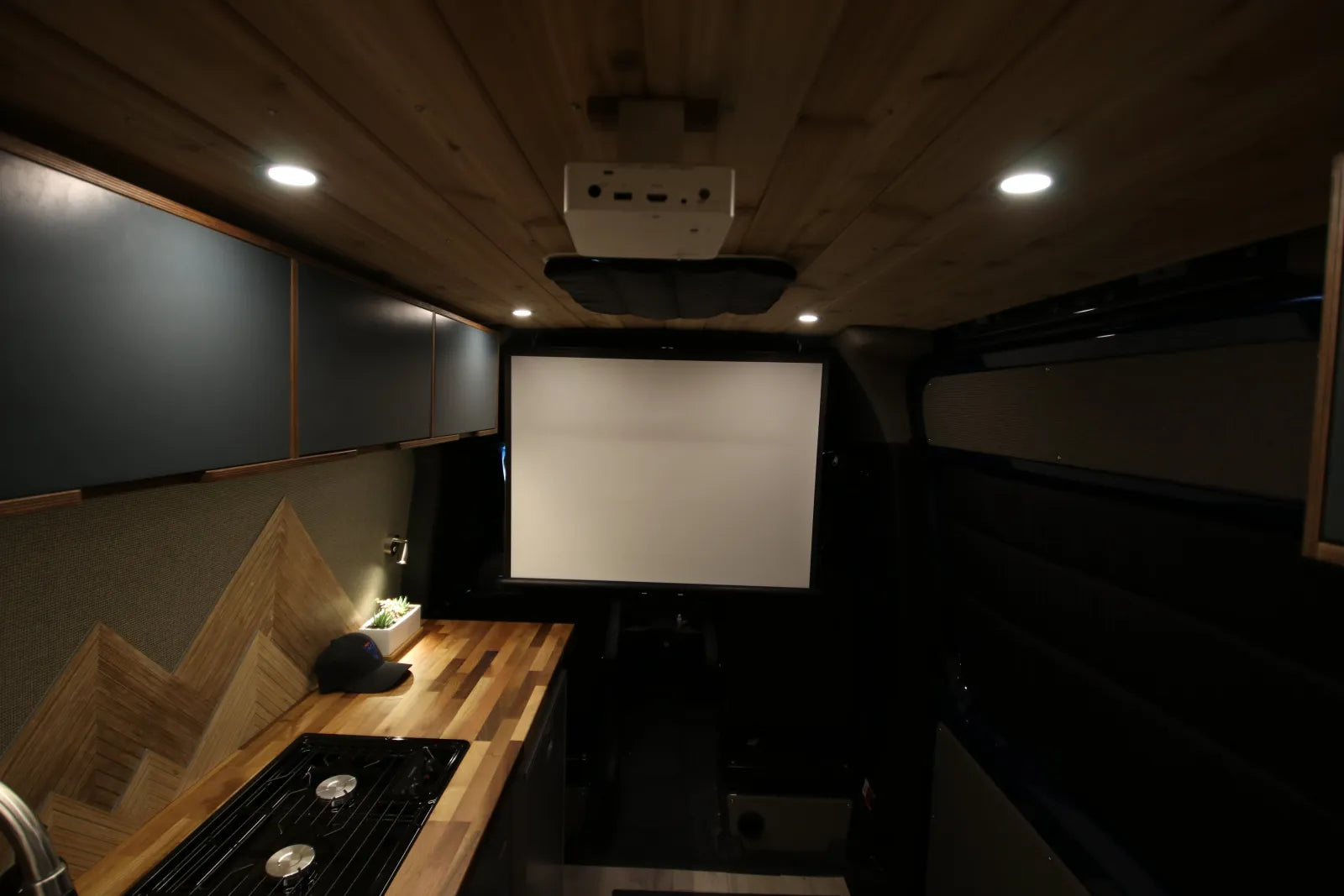 Rapp van projector and screen with ceiling mount and mountain backsplash